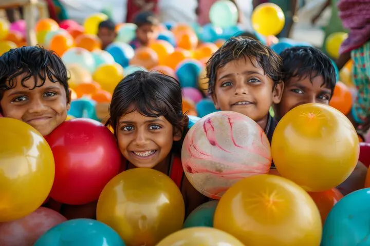Smiling children surrounded by colorful balloons during a fun-filled birthday party organized by Joyous Events