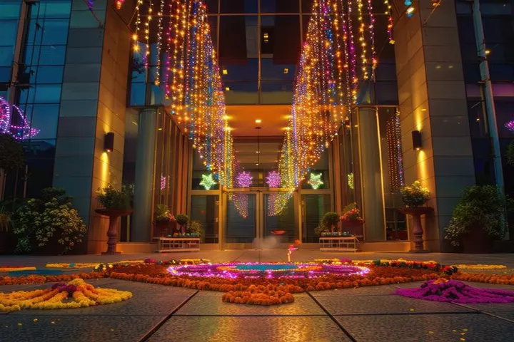 Beautifully decorated corporate office entrance with vibrant lights and traditional rangoli designs for a festive celebration, organized by Joyous Events